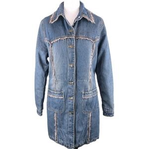 Vtg Marcelle Renee Long Denim Coat‎ Small Faux Fur Fringe Blue Quilted Lining